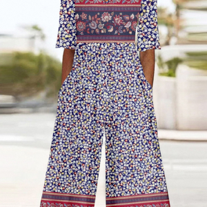Women's Ethnic V Neck Half Sleeve Vintage Summer Jumpsuit, JustFashionNow Jumpsuits＆Rompers, color:Purplish Red|size:4XL,