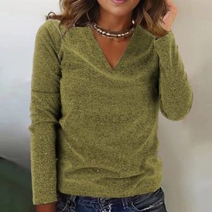 Women's Long Sleeve Tee T-shirt Spring/Fall Plain V Neck Daily Going Out Casual Top, JustFashionNow T-Shirts, color:Army Green|size:5XL,