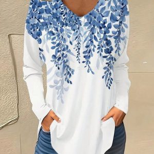 Women's Long Sleeve Blouse Spring/Fall Floral V Neck Daily Going Out Casual Top, JustFashionNow Shirts, color:Blue|size:XXL,