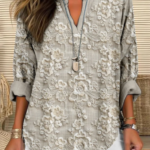 Floral lace embroidery linen blend comfortable shirt, Blouses, Lilicloth.com