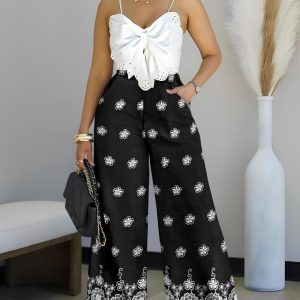 2 Pieces Outfit Embroidered Bow Strap Top with Zipper Back and Tribal Print Wide Leg Pants Set, women Two-piece Sets, ChicMe catalog