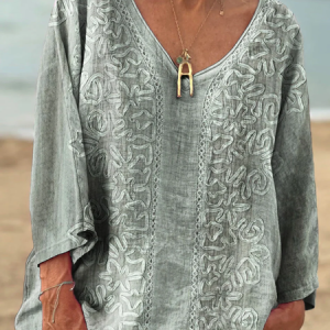 Cotton Regular Fit Casual Ethnic Geometry T-Shirt, Long sleeves, Lilicloth.com