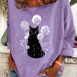 Retro Cat & Dandelion Print Casual Sweatshirt, Hoodies&Sweatshirts, Lilicloth.com