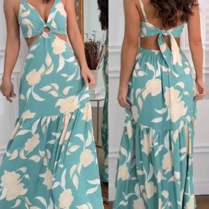 Floral Print Spaghetti Strap Ring Decor V Neck Dress Casual Waist Hollow Out Vacation Maxi Dress, women Print Dresses, ChicMe catalog