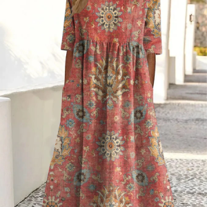 Women Floral Short Sleeve Summer Printing Dress Crew Neck Daily Casual Maxi Shift Dress H-Line Dress, JustFashionNow Casual Dresses, color:As Picture|size:4XL,