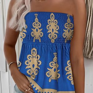 Floral Print Bandeau Sleeveless Shirred Tank Casual Slim Fit Boho Top, women Tanks & Crop Tops, ChicMe catalog