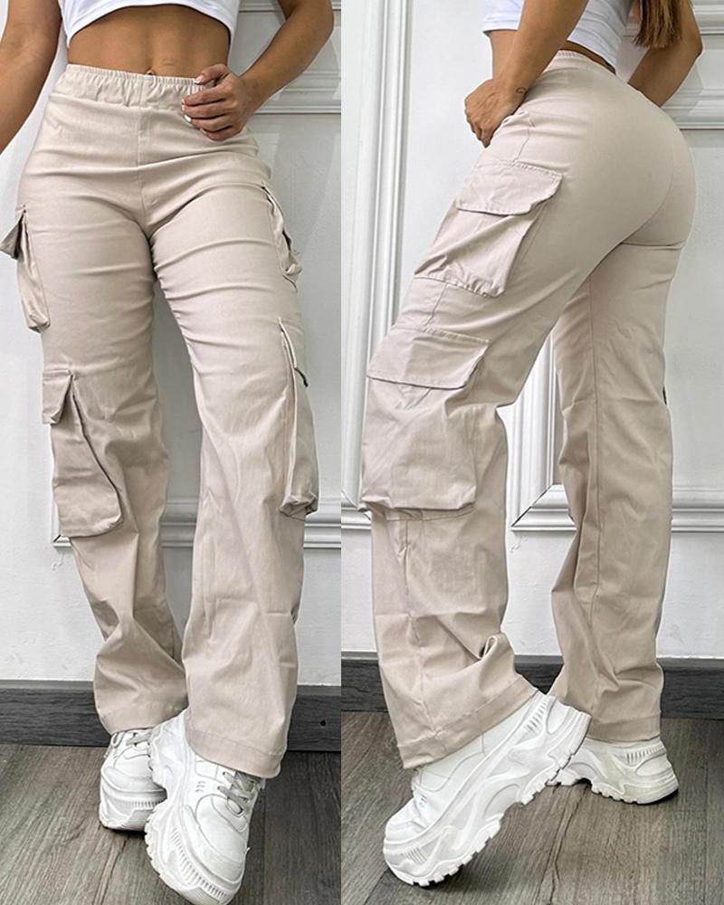 High Waist Side Cargo Pockets Straight Leg Pants Casual Loose Fiit Cargo Pants, women Pants, ChicMe catalog