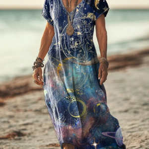 Women's Moon Short Sleeve Summer Printing Dress V Neck Daily Casual Maxi T-Shirt Dress H-Line Dress, JustFashionNow Casual Dresses, color:As Picture|size:4XL,