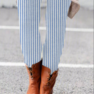 Women's Casual Striped Jersey All Season Printing Long Leggings, JustFashionNow Leggings, color:Blue|size:XXL,
