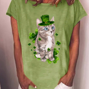 Women's Cat Short Sleeve Tee T-shirt Crew Neck Casual Summer Top, JustFashionNow T-Shirts, color:Green|size:3XL,