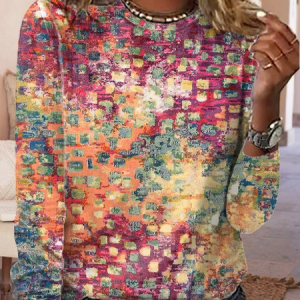 Vintage Color Block Crew Neck Long Sleeve T-shirt, T-shirts, color:As Picture|size:XXL, catalog Noracora shop