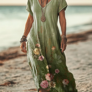 Women's Short Sleeve Summer Green Floral Printing V Neck Daily Going Out Casual Maxi H-Line T-Shirt Dress Dress, Dresses, Lilicloth.com