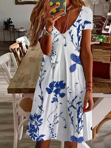 Women's Floral Spring Print Casual V-Neck Short Sleeve Dress, Dresses, Lilicloth.com - Image 5
