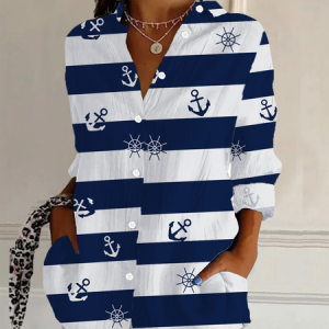 Women's Striped Long Sleeve Shirt Spring/Fall Buckle Shirt Collar Daily Casual Top, JustFashionNow Shirts, color:As Picture|size:XXL,