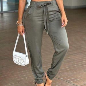 Plain Strechy Waist Drawstring Pants Casual Pocket Design Active Pants, women Pants, ChicMe catalog