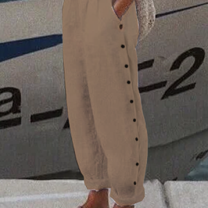 Button Detail Cotton And Linen Loose Plain Elastic Waist Pant, Pants, color:Khaki|size:XXL, catalog Noracora shop