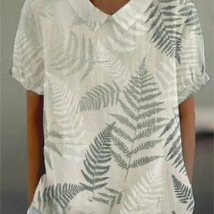 Shawl Collar Half Sleeve Leaf Regular Loose Blouse For Women, Blouses, color:As Picture|size:4XL, catalog Noracora shop