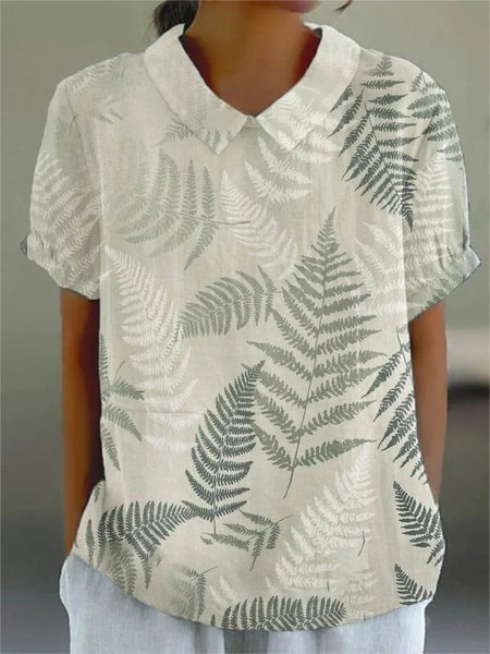 Women Leaf Half Sleeve Blouse Summer Shawl Collar Daily Casual Top, JustFashionNow Shirts, color:As Picture|size:4XL,