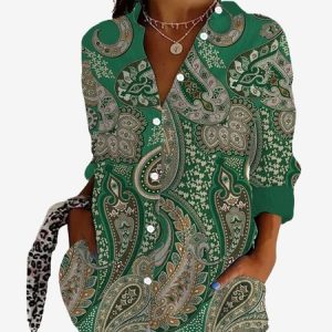 Women's Long Sleeve Shirt Spring/Fall Ethnic Shirt Collar Daily Going Out Casual Top, JustFashionNow Shirts, color:Green|size:XXL,