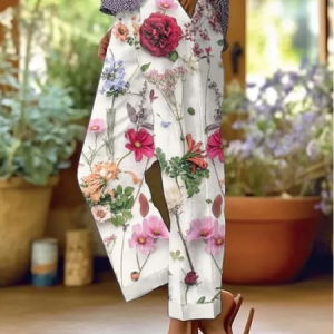 Casual Floral Print Daily H-Line Linen Pants, Pants, Lilicloth.com