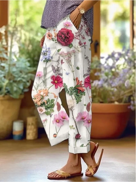 Casual Floral Print Daily H-Line Linen Pants, Pants, Lilicloth.com