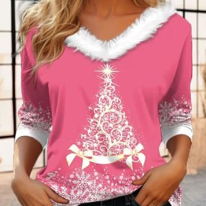 Casual Christmas V Neck Long Sleeve T-shirt, T-shirts, color:Pink|size:XXL, catalog Noracora shop