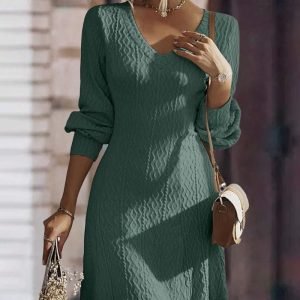 V-Neck Long Sleeve Knit Mini Dress Casual A Line Sweater Dress, women Casual Dresses, ChicMe catalog