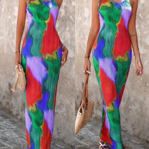 Colorblock Tie Dye Print Pleated Cami Maxi Dress, women Print Dresses, ChicMe catalog