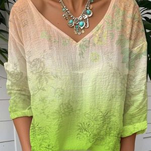 Vintage Gradient Floral Pattern V Neck Long Sleeve T-shirt, T-shirts, color:Green|size:XXL, catalog Noracora shop