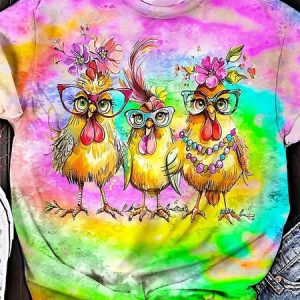 Women's Tie Dye Art Cute Chicken Print Crew Neck T-Shirt, T-shirts, Lilicloth.com