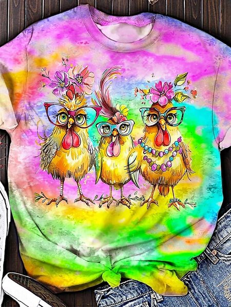 Women's Tie Dye Art Cute Chicken Print Crew Neck T-Shirt, T-shirts, Lilicloth.com