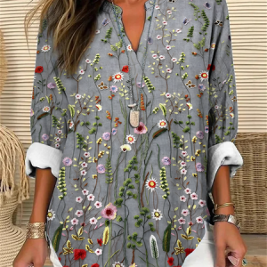 V Neck Casual Floral Cotton-Blend Shirt, Blouses, Lilicloth.com