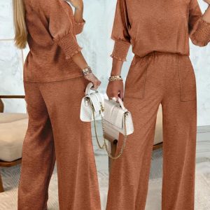 2 Piece Round Neck Shirred Tops Stretchy Waist Straight Leg Pants Lounge Sets Tracksuit, women Two-piece Sets, ChicMe catalog