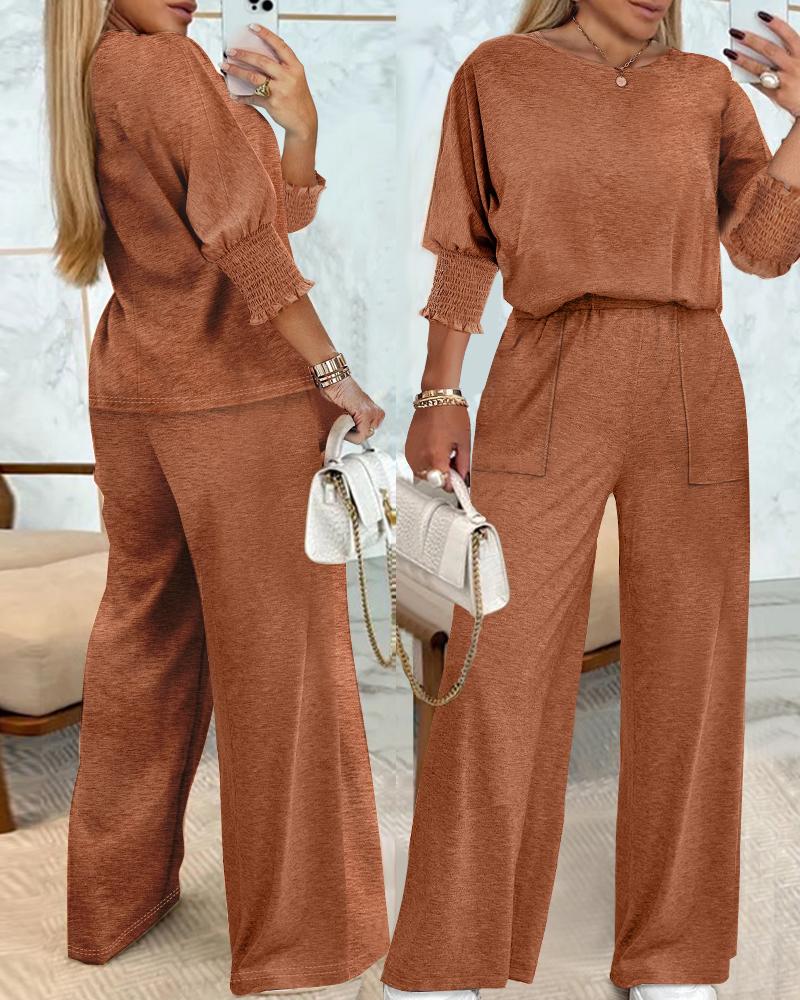 2 Piece Round Neck Shirred Tops Stretchy Waist Straight Leg Pants Lounge Sets Tracksuit, women Two-piece Sets, ChicMe catalog