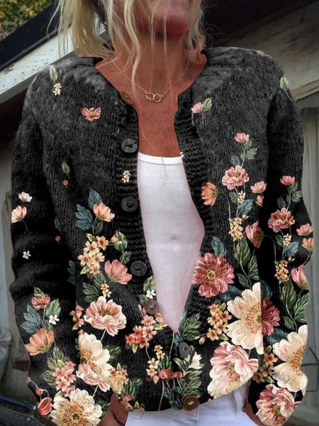 Women's Casual Floral Print Crewneck Knit Cardigan, Cardigans, Lilicloth.com - Image 2
