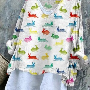 Vintage Easter (rabbit) V Neck Long Sleeve T-shirt, T-shirts, color:As Picture|size:4XL, catalog Noracora shop