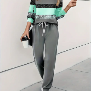 Women's Printing Striped Daily Going Out Two Piece Set Long Sleeve Casual Spring/Fall Top With Pants Matching Set, JustFashionNow Suit Set, color:As Picture|size:4XL,