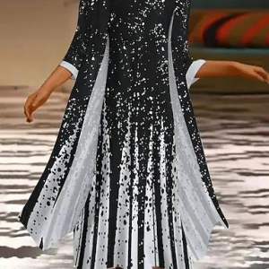 Women Floral Crew Neck Three Quarter Sleeve Comfy Casual Printing Coat With Dress Two-Piece Set, Dresses, color:Black|size:XXL, catalog Noracora shop