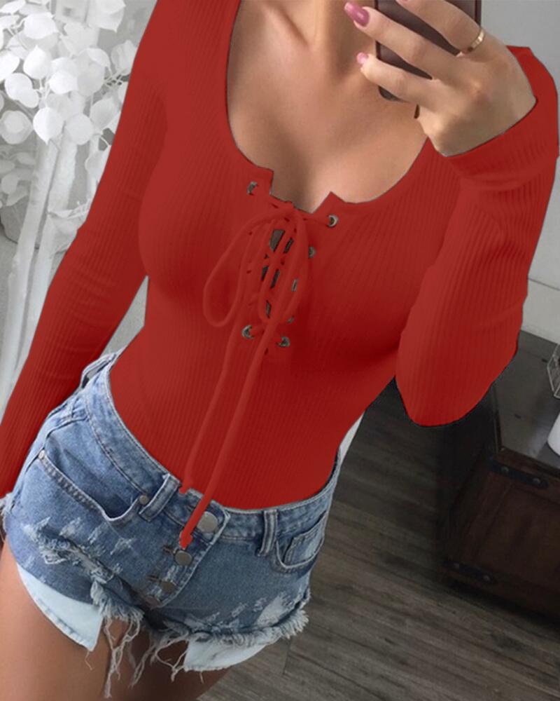 Lace-up Deep U-Neck Bodysuit Long Sleeve Slim Fit Going Out Tops, women Bodysuit, ChicMe catalog - Image 3