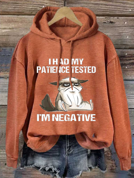 Womens I Had My Patience Tested I'm Negative Cat Funny Sarcasm Loose Text Letters Casual Hoodie, Hoodies&Sweatshirts, Lilicloth.com