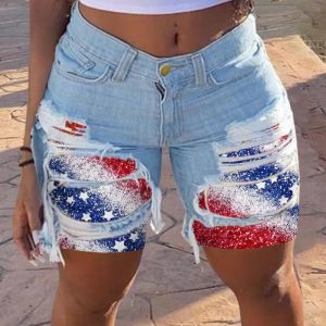 Independence Day Flag Print Ripped Raw Hem Denim Shorts, women Denim Shorts, ChicMe catalog