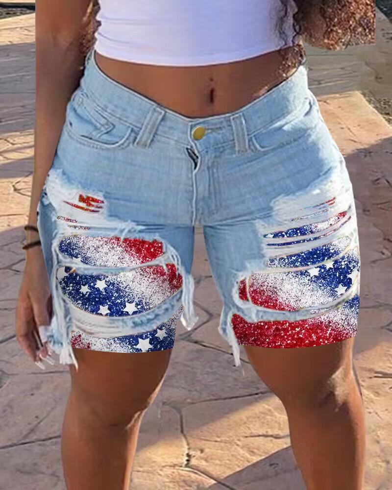 Independence Day Flag Print Ripped Raw Hem Denim Shorts, women Denim Shorts, ChicMe catalog