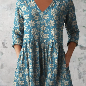 Women's Floral Half Sleeve Blouse_ Summer Printing V Neck Daily Casual Top, JustFashionNow Blouses, color:Blue|size:4XL,
