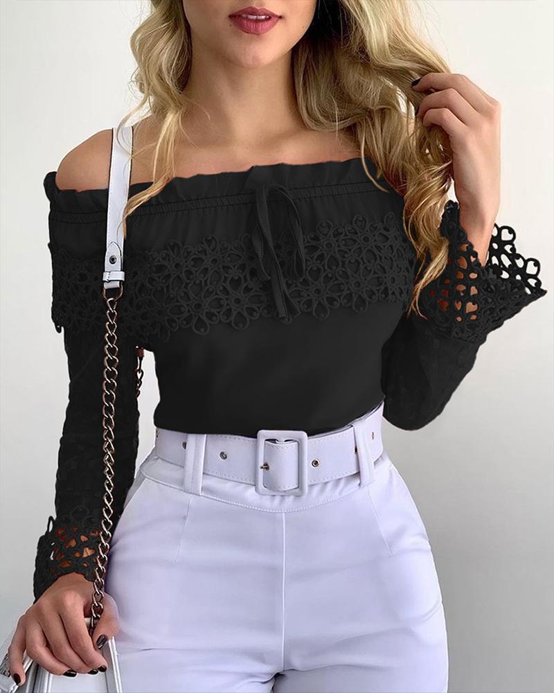 Off Shoulder Guipure Lace Frill Hem Drawstring Top, women Blouses & Shirts, ChicMe catalog - Image 3