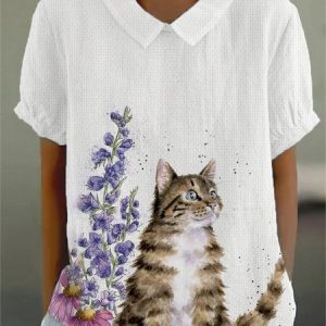 Shawl Collar Half Sleeve Animal Regular Loose Blouse For Women, Blouses, color:As Picture|size:4XL, catalog Noracora shop