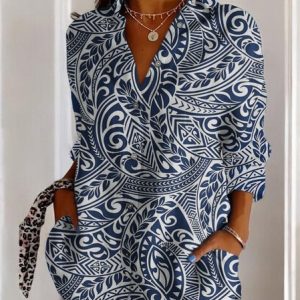 Women's Geometric Long Sleeve Shirt Spring/Fall Shirt Collar Daily Casual Top, JustFashionNow Blouses, color:Blue|size:5XL,