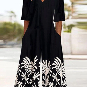 Women's Floral V Neck Half Sleeve Casual Summer Jumpsuit, JustFashionNow Jumpsuits＆Rompers, color:Black|size:4XL