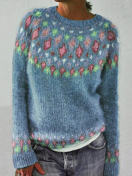 Crew Neck Ethnic Casual Loose Sweater, JustFashionNow Sweaters, color:Blue|size:XXL,