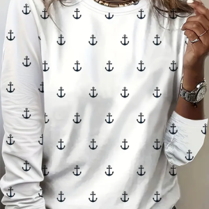 Women's Anchor Stripe Print Crew Neck Long Sleeve T-Shirt, Long sleeves, Lilicloth.com