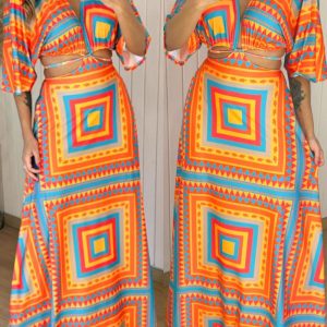 Geometric Print Waist Hollow Out Boho Maxi Dress Casual Half Sleeve Tied Detail Vacation Dress, women Print Dresses, ChicMe catalog